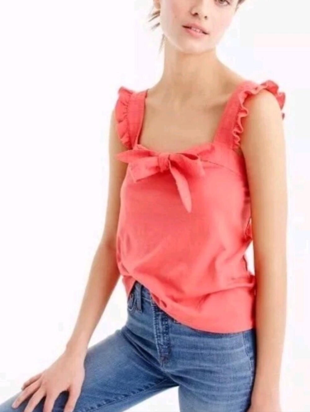 J Crew Coral Pink Embroidered Trim Bow Tie Top Blouse Tank Adjustable Large